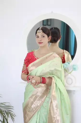 parrot green art silk woven saree with blouse