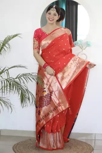 red art silk woven saree with blouse