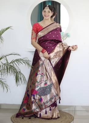 wine art silk woven saree with blouse 1