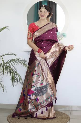 wine art silk woven saree with blouse