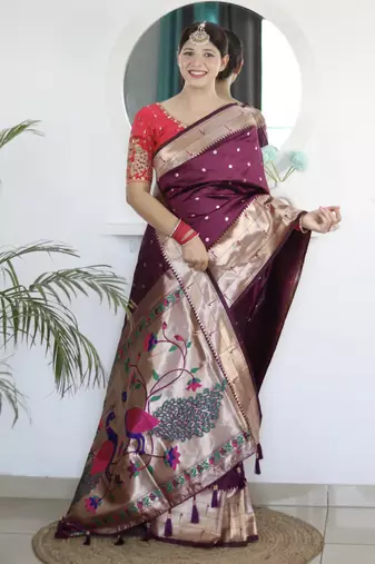 wine art silk woven saree with blouse