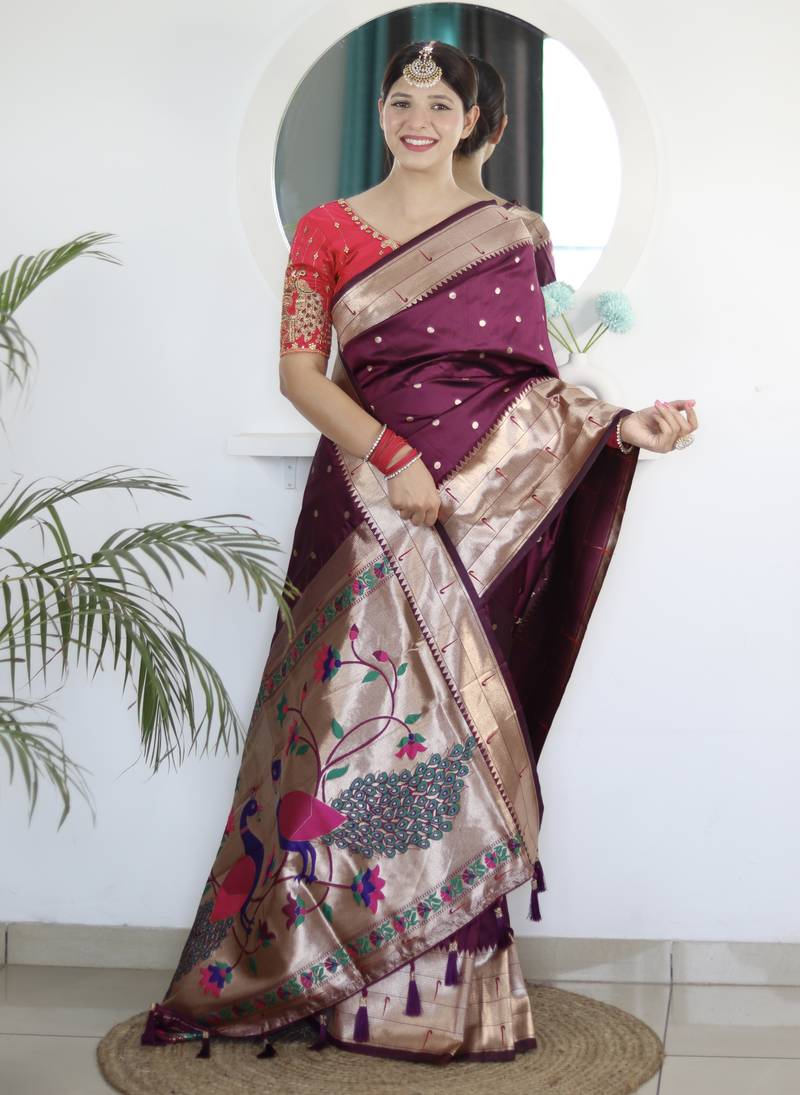 wine art silk woven saree with blouse