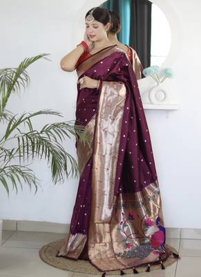wine art silk woven saree with blouse 2