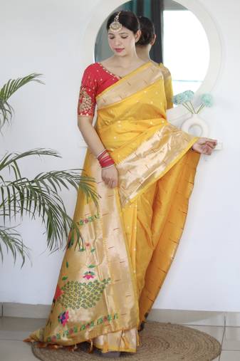 yellow art silk woven saree with blouse
