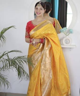 yellow art silk woven saree with blouse 2