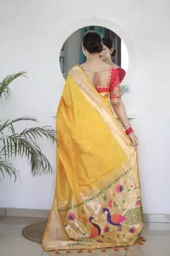 yellow art silk woven saree with blouse