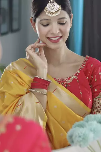 yellow art silk woven saree with blouse