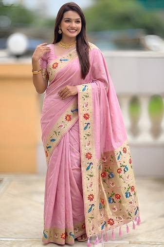 baby pink art silk woven saree with blouse