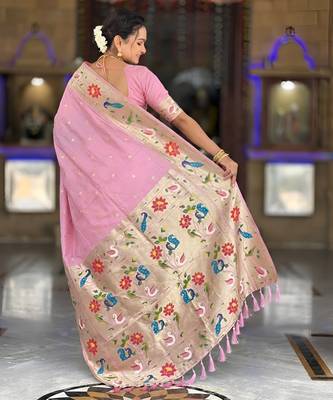 baby pink art silk woven saree with blouse 3