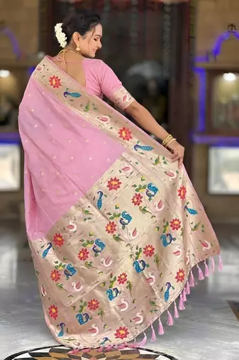 baby pink art silk woven saree with blouse