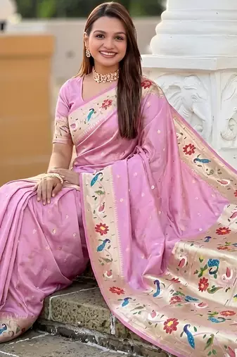 baby pink art silk woven saree with blouse