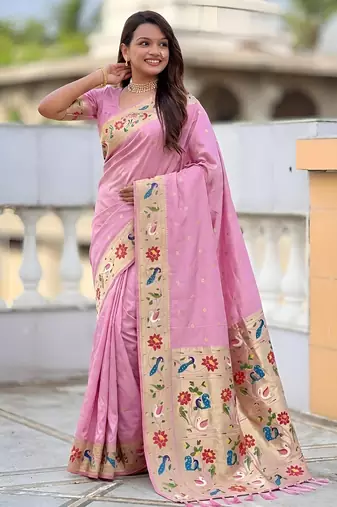 baby pink art silk woven saree with blouse