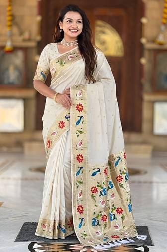 cream art silk woven saree with blouse
