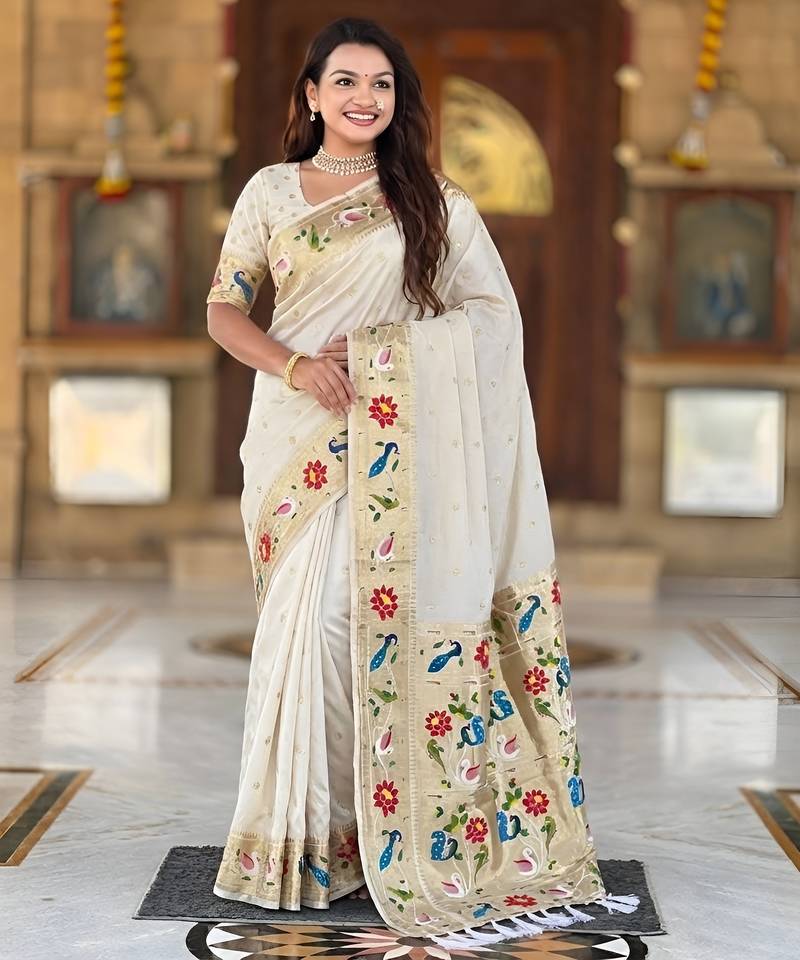 cream art silk woven saree with blouse
