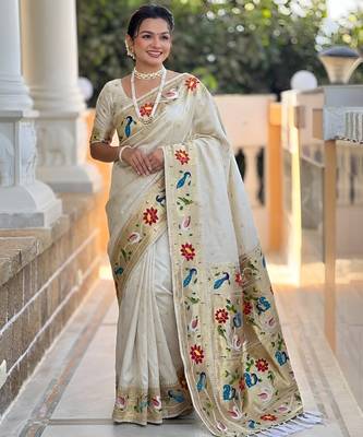 cream art silk woven saree with blouse 2