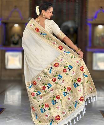 cream art silk woven saree with blouse 3