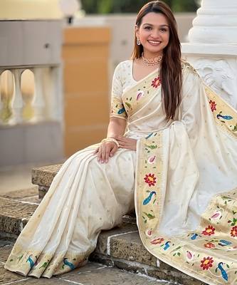 cream art silk woven saree with blouse 4