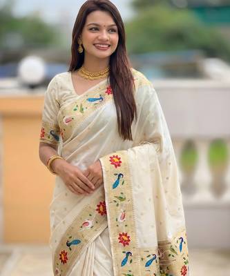 cream art silk woven saree with blouse 5
