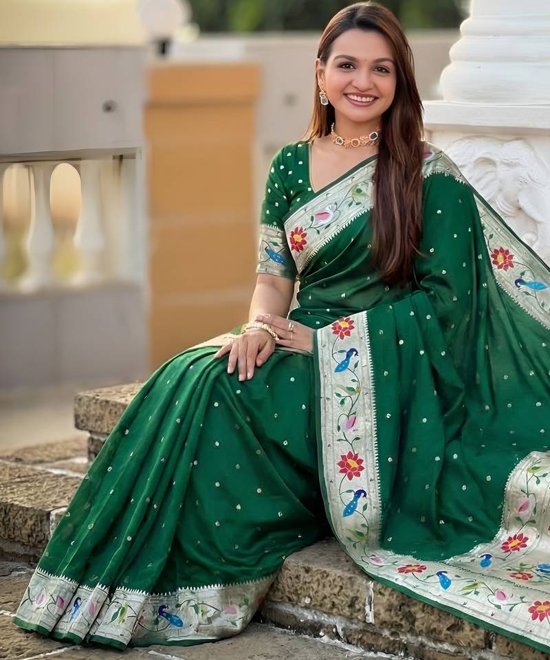 green art silk woven saree with blouse