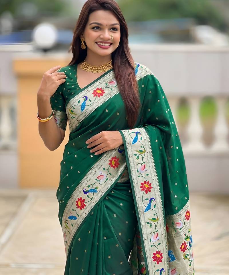 green art silk woven saree with blouse