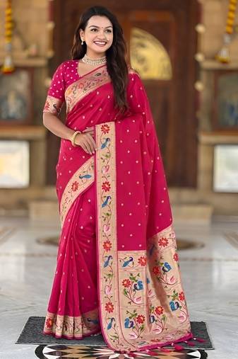 pink art silk woven saree with blouse
