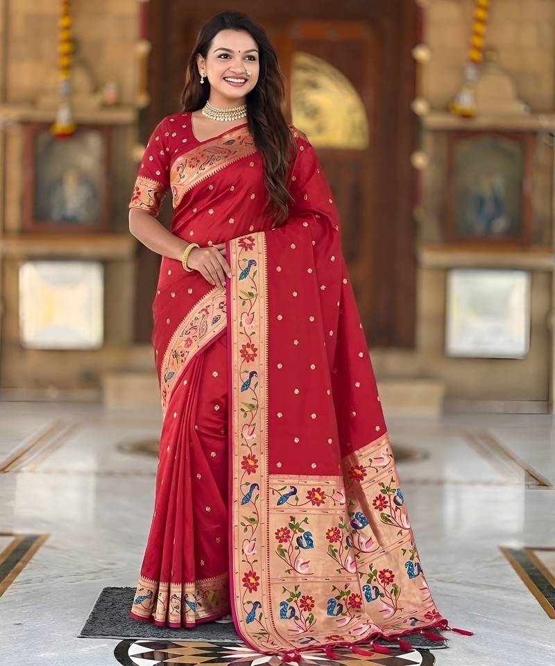 red art silk woven saree with blouse