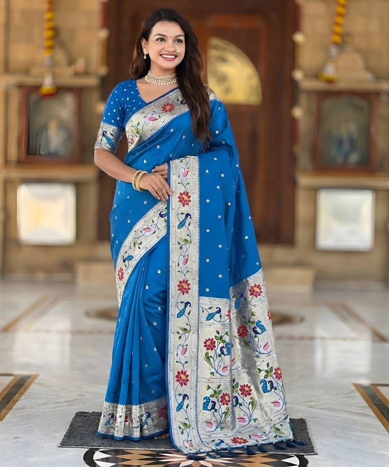 sky blue art silk woven saree with blouse