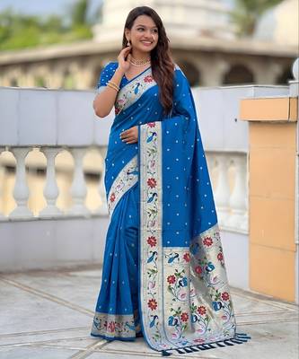 sky blue art silk woven saree with blouse 2