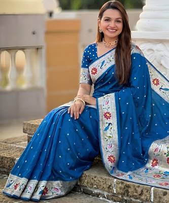 sky blue art silk woven saree with blouse 4