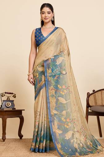 blue linen printed saree with blouse