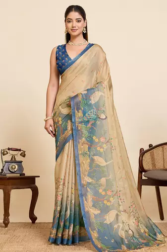 blue linen printed saree with blouse