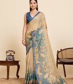 blue linen printed saree with blouse
