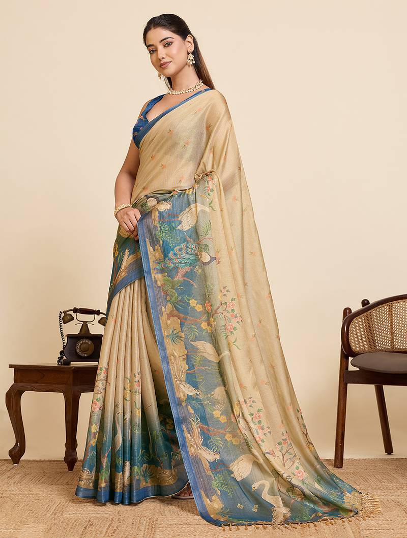 blue linen printed saree with blouse