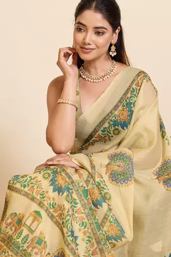 parrot green linen printed saree with blouse