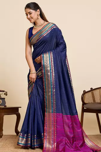 navy blue art silk woven saree with blouse