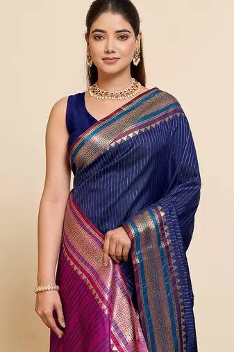 navy blue art silk woven saree with blouse