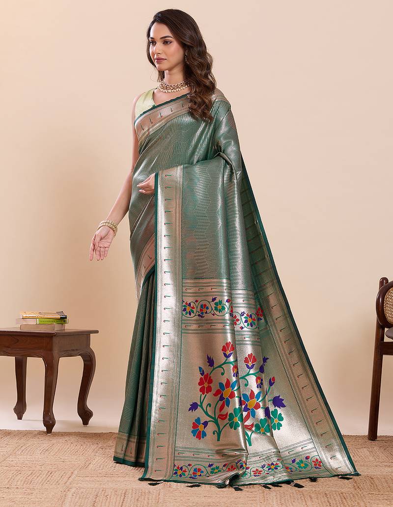 green art silk woven saree with blouse