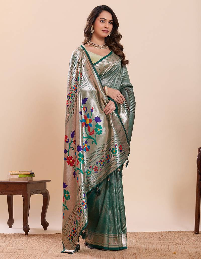 green art silk woven saree with blouse