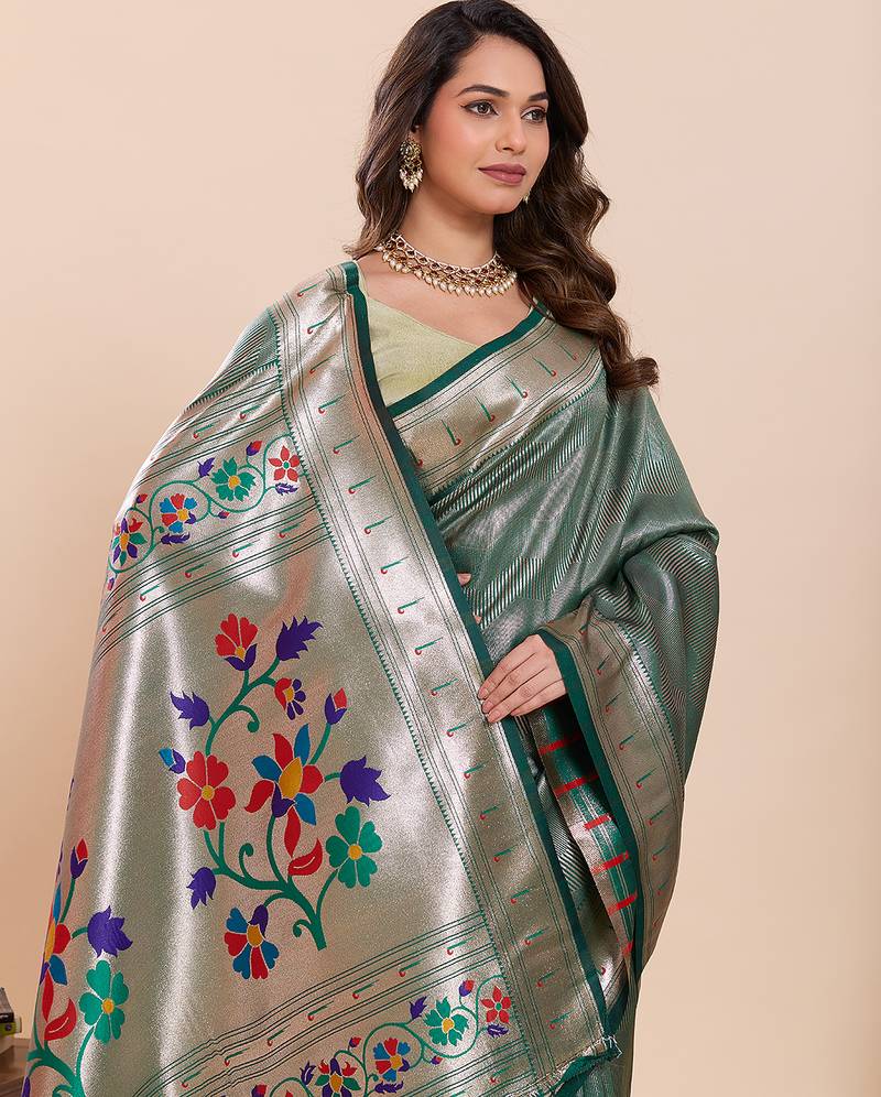 green art silk woven saree with blouse