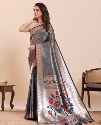 navy blue art silk woven saree with blouse 2