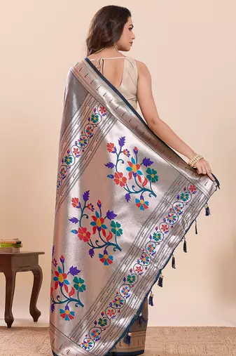 navy blue art silk woven saree with blouse