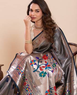 navy blue art silk woven saree with blouse 5