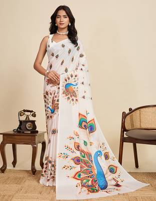 cream chiffon printed saree with blouse 1