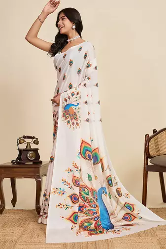 cream chiffon printed saree with blouse