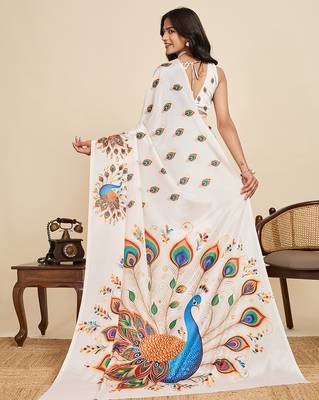 cream chiffon printed saree with blouse 3
