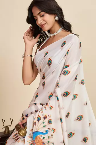 cream chiffon printed saree with blouse