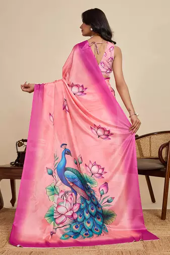 pink chiffon printed saree with blouse