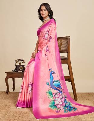 pink chiffon printed saree with blouse 4