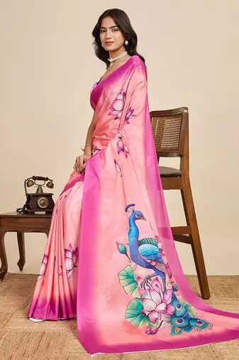 pink chiffon printed saree with blouse