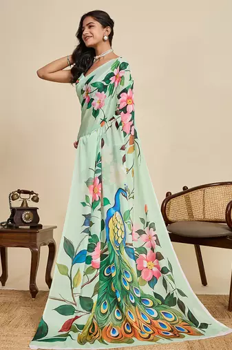 parrot green chiffon printed saree with blouse